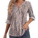 Bashafo 3/4 Sleeve Tops for Women V Neck Henley Long Sleeve Dressy Casual Shirts Ladies Loose Button-up Blouses Tunic, Large