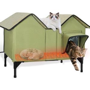 Extra Large Heated Cat House for Outside in Winter, Elevated Heated Outdoor Cat House Weatherproof with Heating pad, Insulated Outdoor Cat Shelter for Multiple Cats Small Dogs(Green)