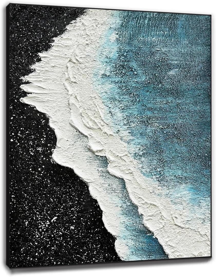AntExpanse Hand Painted 3D Textured Canvas Wall Art, Framed Black White and Blue Beach Oil Paintings, Abstract Modern Artwork Quartz Sand Wall Painting for Living Room Bedroom Wall Dcor(16x24 inch)