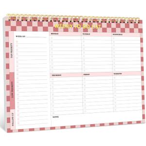 Taja Weekly To Do List Notepad with 52 Undated Sheets8.5"11"- Weekly Desk Planner for Women & Man, Work and Home - 1 Pack Rose Checkered