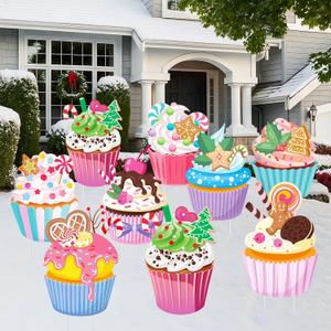 Chunful 9 Pcs Christmas Yard Decor Macaron Color Cupcake Yard Sign with Stakes Pastel Christmas Candy Lawn Decorations for Outside Holiday Xmas Winter Ornament Lawn Pathway