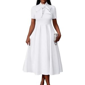 Memoriesea Women's Elegant Casual Short Sleeve Work Party A-Line Dress with Pockets L White