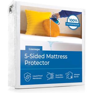 Linenspa 5-Sided Waterproof Mattress Protector Breathable, Fitted Sheet Style, Machine Washable King Size Mattress Protector, White, King