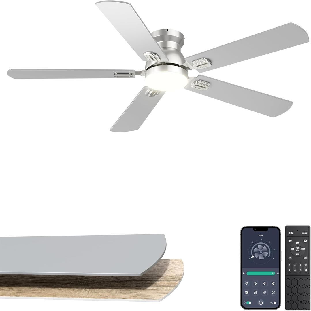 52'' Flush Mount Ceiling Fan with Lights, Silver Low Profile Ceiling Fan for Low Ceilings, Quiet Modern Ceiling Fan for Living Room Bedroom, App & Remote Control