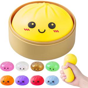 Dumpling Squishies, Glitter Dumpling Mystery Box, Colorful Dumplings Stress Balls Fidget Sensory Toy, Stocking Stuffers with Food Steamer Stretchy Desk Toys (Yellow)