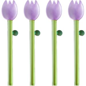 4 Pcs Borosilicate Color Transparent Glass Spoons,Cute Flower Long Handle Spoons for Ice Cream Dessert Coffee Stirring (Purple Bud Spoon)