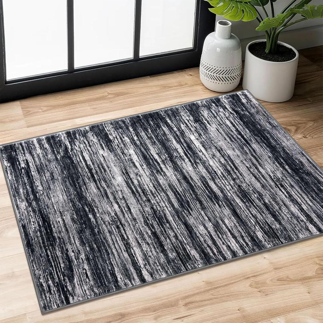 SIILOOM 2x3 Modern Abstract Rug for Entryway, Black Super Soft Small Area Rug, Washable Non-Slip Kitchen Rugs, Low-Pile Mat Carpet for Bedside, Indoor Door Mat