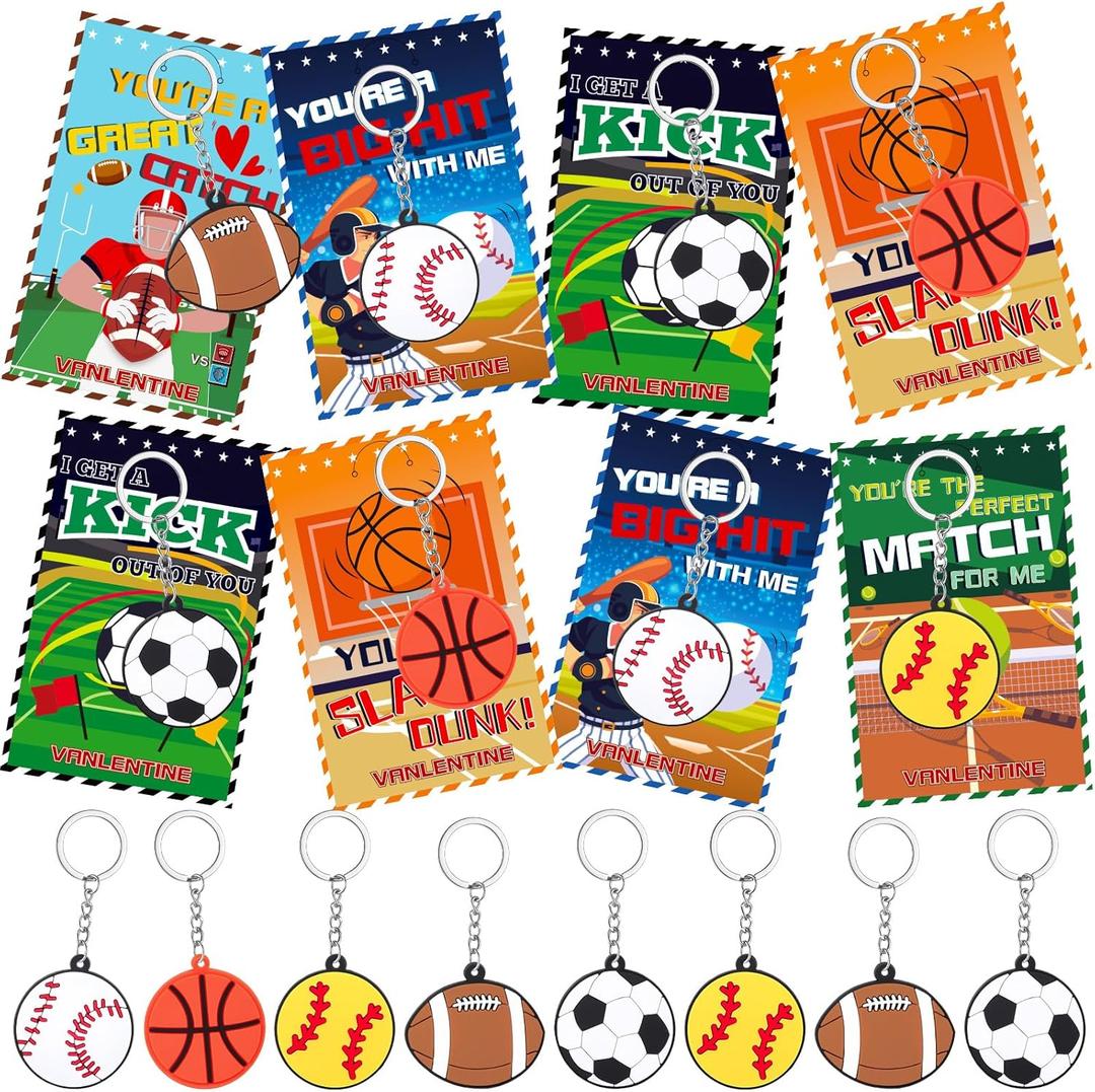 30Pack Valentines Day Cards for Kids School with Valentines Sports Ball Keychain Valentine Day Gifts for Boys Valentine's Day Classroom Gifts Exchange Party Favors Prizes Bag Stuffers