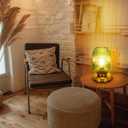 Mid Century Modern Table Lamp, Touch Control & 3 Way Dimmable, Green Ribbed Glass Shade, Small Gold, Vintage Bedside Lamp for Bedroom, Living Room,Office (Bulb Included)