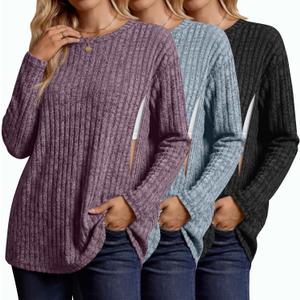 3 Pack Women's Nursing Shirts for Breastfeeding Zipper Ribbed Maternity Tops Lightweight Oversized Sweater (Large, Purple, Blue Gray, Black)