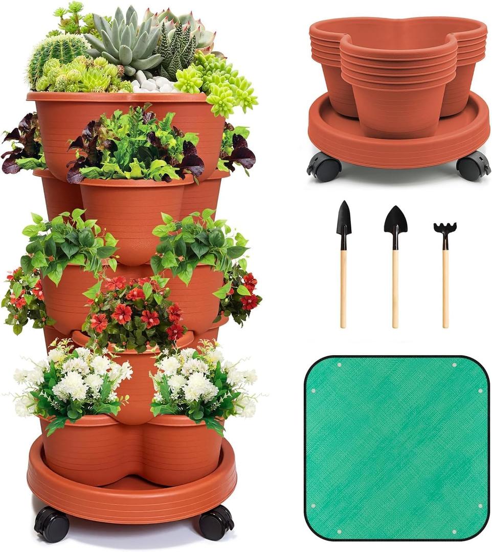5-Tier Stackable Planter, Vertical Garden Planter for Mobile, Versatile, and Equipped with Advanced Water Filtration System, Perfect for Vegetables, Flowers, Herbs, Strawberries and Lettuce (Clay Red)