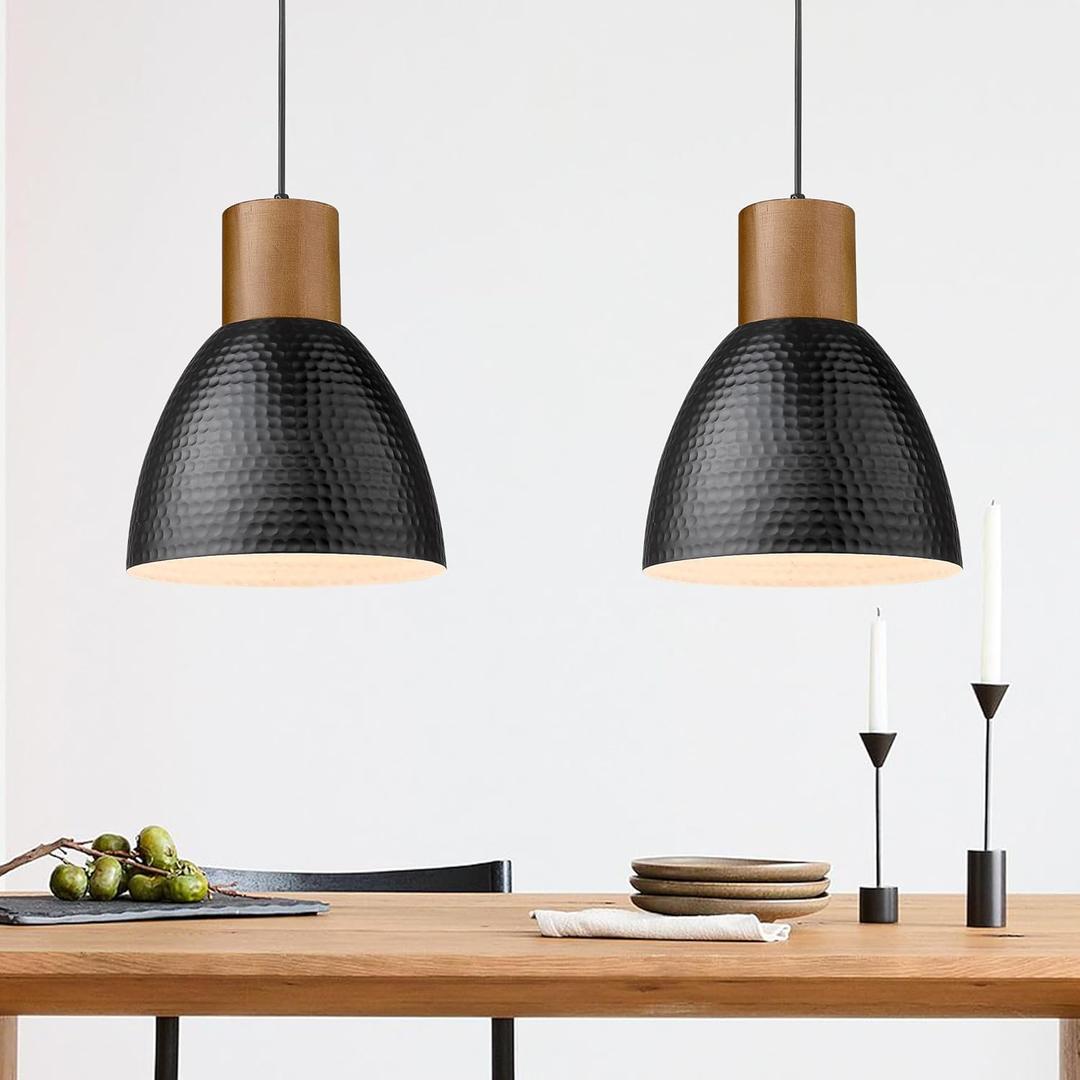 ELYONA 2 Pack Hammered Pendant Lights, 10.2 Industrial Metal Solid Wood Hanging Lamp, Modern Island Pendant Light Fixtures for Kitchen Bar, Farmhouse Dining Room, Bedroom, Living Room, Office, Black (Medium)