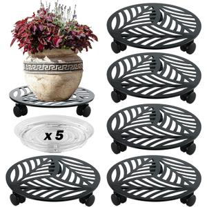 5 Packs Large Metal Plant Caddy with PU Wheels 12" Heavy-Duty Wrought Iron Rolling Plant Stands Indoor Outdoor Wheeled Plant Dolly Planter Mover Rollers Plant, Leaf Style