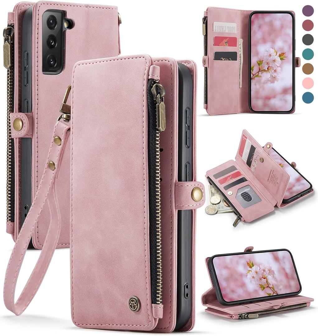 Defencase Compatible with Galaxy S21 FE 5G Case Wallet with RFID Blocking Card Holder for Women Men, PU Leather Magnetic Snap Flip Zipper Strap Phone Case Fit for Samsung Galaxy S21 FE 5G, Rose Pink