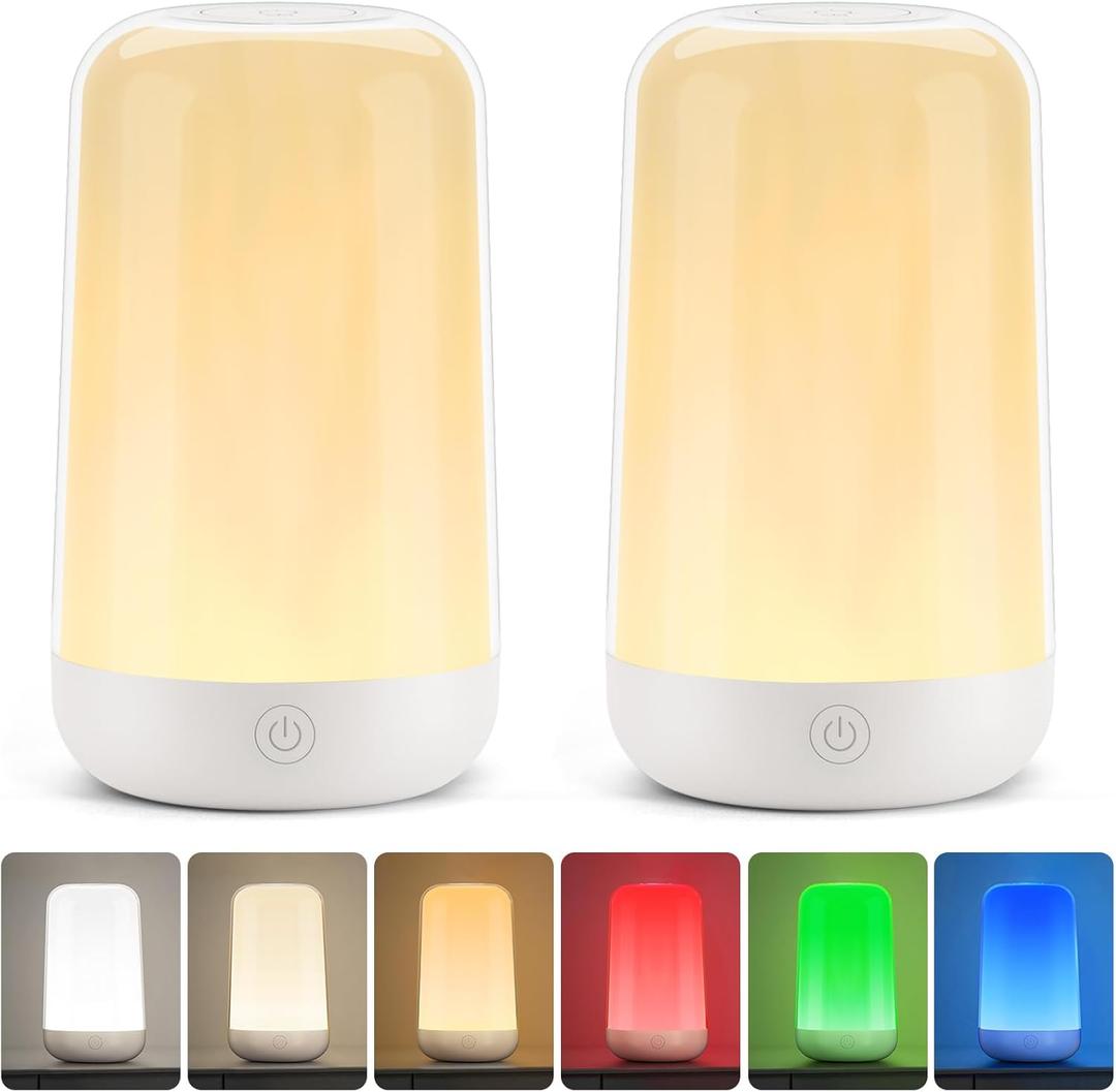 FRIDEKO HOME 2 Pack RGB Touch Bedside Lamp for Nightstand, 3 Color Temperatures Rechargeable Battery Night Light, Dimmable Mood Lighting for Bedroom Living Room Nursery, Breastfeeding, Kids, Adult