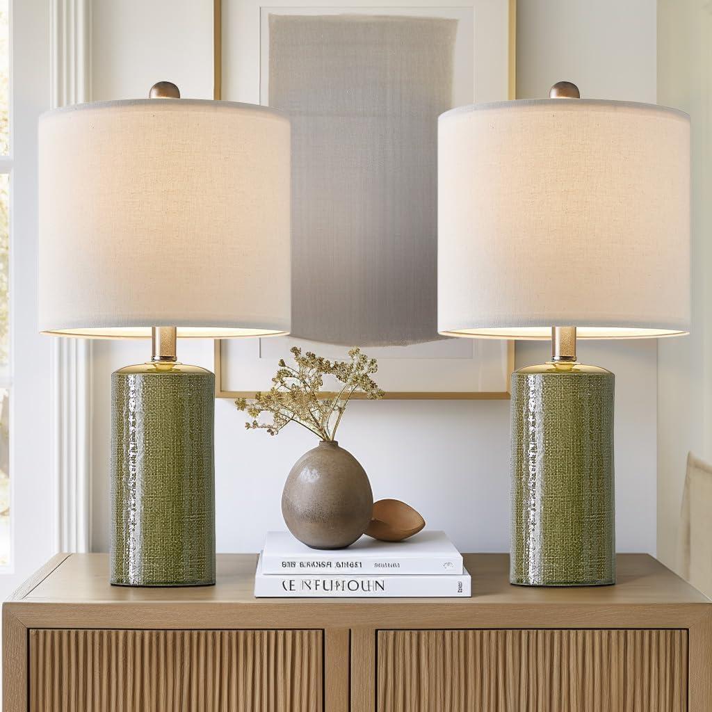 20.25" Small Table Lamps Set of 2 Modern Ceramic Lamps for Living Room, Farmhouse, Bedside, Boho, Green Bedroom, Side Table, End Table