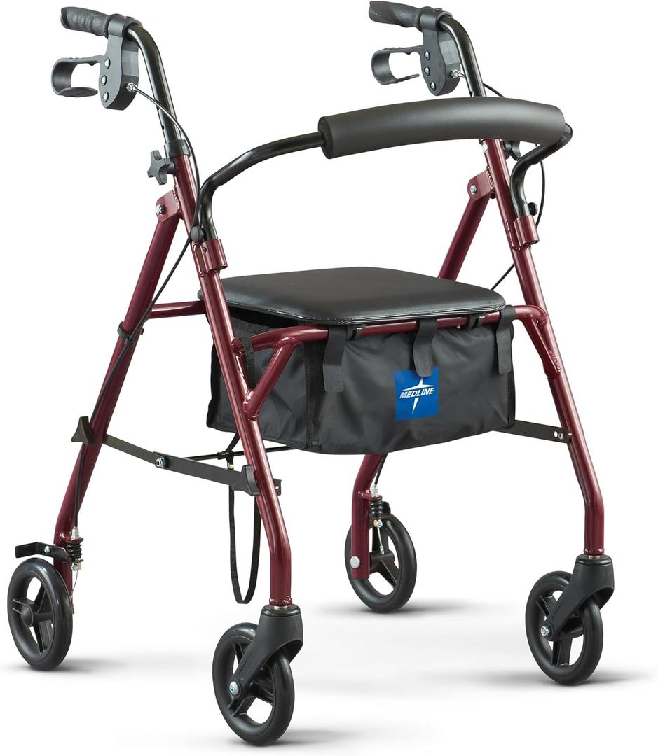 Medline Steel Rollator Walker with Seat, Burgundy, 350 lb. Weight Capacity, 6 Wheels, Foldable, Adjustable Handles, Rolling Walker for Seniors, Walker for Mobility Impaired