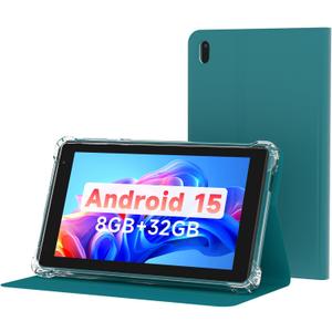 PEICHENG Tablet with Protective Case, 7" IPS 1024 * 600 Android 15.0 Tab PC RAM 8GB(3+5Expand)+ROM 32GB Bluetooth 5.0 WiFi6 2.4G+5G 2MP+5MP Dual Cameras (Blue)