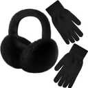 Pleneal Winter Ear Muffs Gloves for Women, Foldable Faux Fur Earmuffs Touchscreen Gloves Warmer Covers Headband Cold Weather (Black)