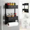 2-in-1 Magnetic Spice Rack & Paper Towel Holder for Fridge - 4 Hooks Kitchen Space Saver, Black Fridge Magnet Organizer