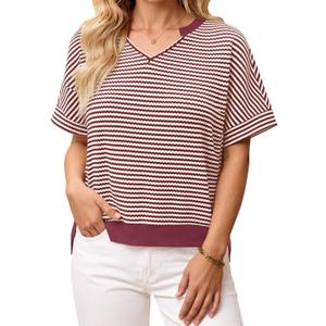 Fisoew Womens Short Sleeve Sweater Summer V Neck Striped Pullover Tops Casual High Low Loose Slit Cropped T Shirts (M)