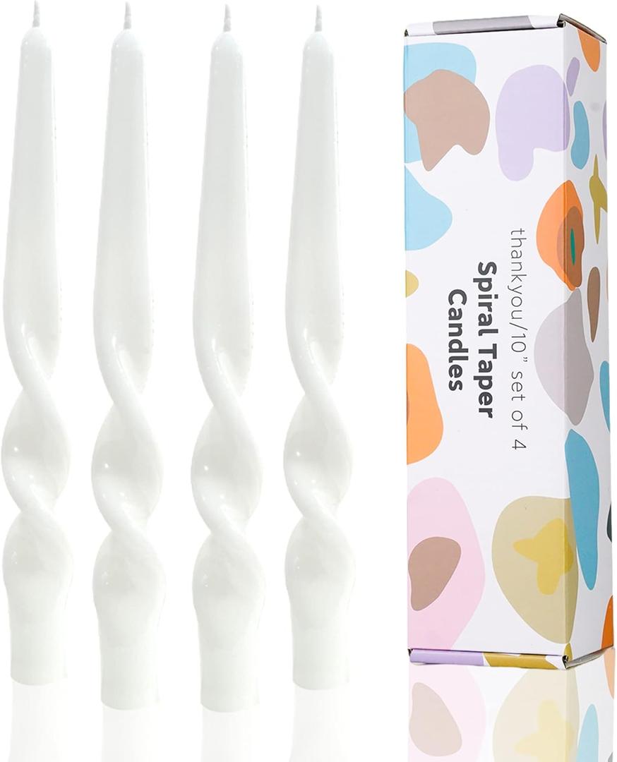 White Spiral Taper Candles Twisted Candle Conical Stick Candles for Holiday Wedding Party Wax Unscented Dinner Candle Dripless,Birthday Gift Christmas Gift H 10 Inch,4pcsWhite-A