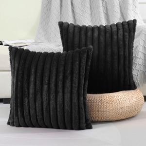 FUTEI Black Striped Decorative Throw Pillow Covers 18x18 Inch Set of 2,Square Spring Decorations Couch Pillow Case,Soft Cozy Faux Rabbit Fur & Velvet Back,Modern Home Decor for Bed (18" x 18" (Pack of 2))