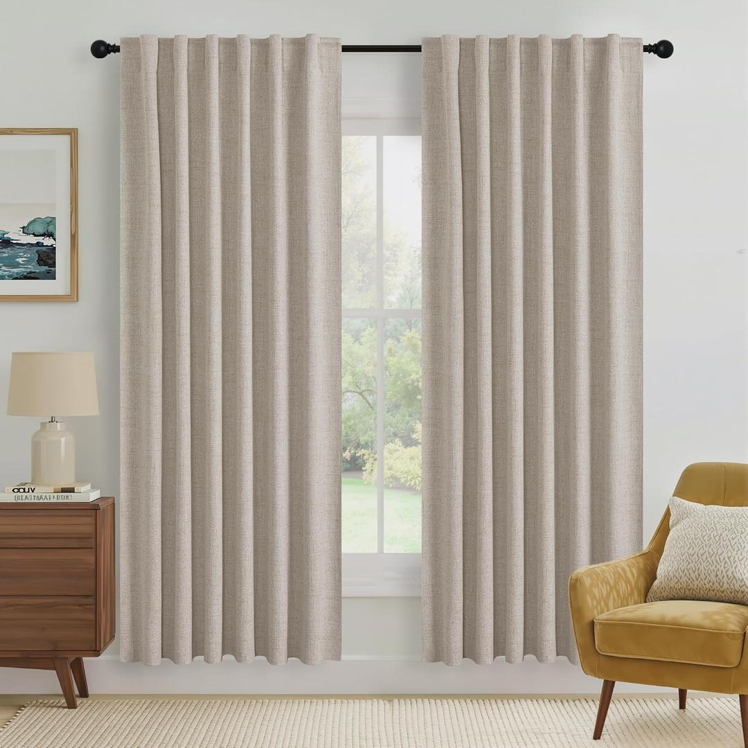 RYB HOME Natural Beige 100% Blackout Linen Curtains 72 inch Long, Thermal Insulated & Privacy Assurd Drapes for Bedroom/Office/Nursery, Rod Pocket & Back Tab Window Treatment, W52 X L72, 2 Panels