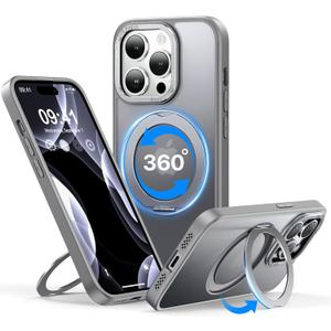 QTlier for iPhone 14 Pro Case, 360 Rotatable Ring Stand Case Compatible with MagSafe, [Military-Grade Protection] [Raised Camera Frame] Kickstand Case for iPhone 14 Pro, Translucent Gray