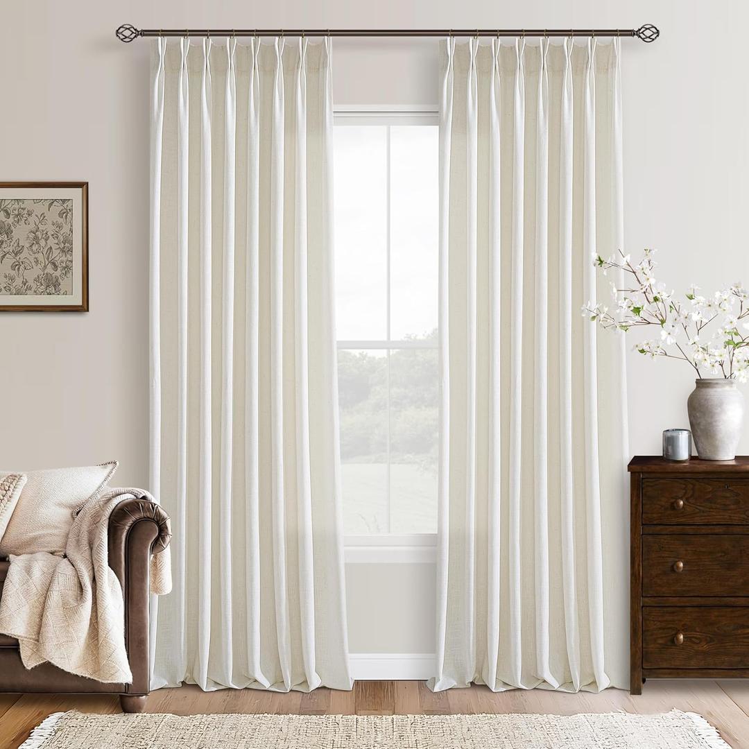 Linen Curtains 108 Inches Long Pinch Pleated for Living Room 2 Panels Set Cream Ivory Natural Pleat Drapes Back Tab Semi Sheer Neutral Boho Ceiling to Floor 108 Inch Curtains for Bedroom Window 9 FT