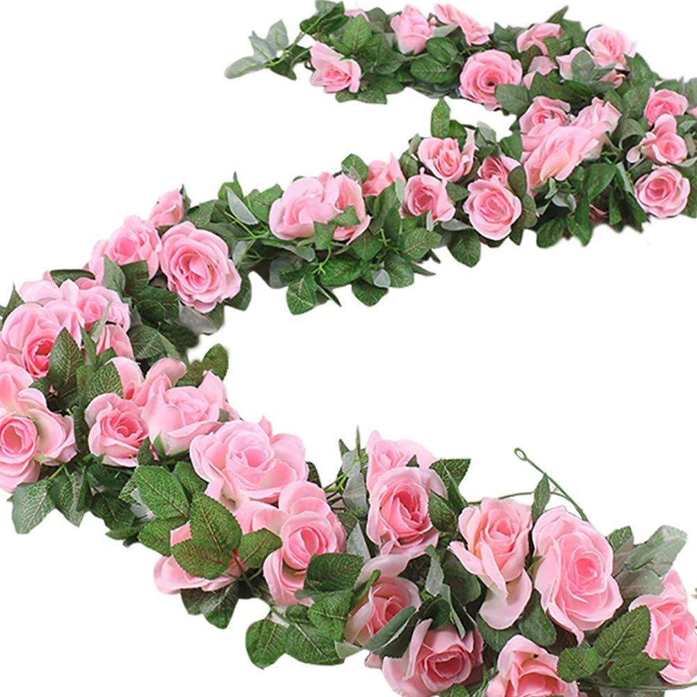 16 FT Fake Rose Vine Garland Artificial Flowers Plants Hanging Rose Ivy Home Hotel Office Wedding Party Garden Dcor (Pink/2PCS)