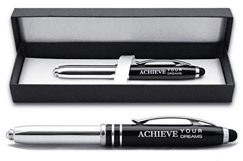 "Achieve Your Dreams" Engraved Ballpoint Gift Pen - LED Light and Stylus Tip - Inspirational Luxury Pen for Encouragement and to Congratulate Students, Graduates and Professionals on Achievements