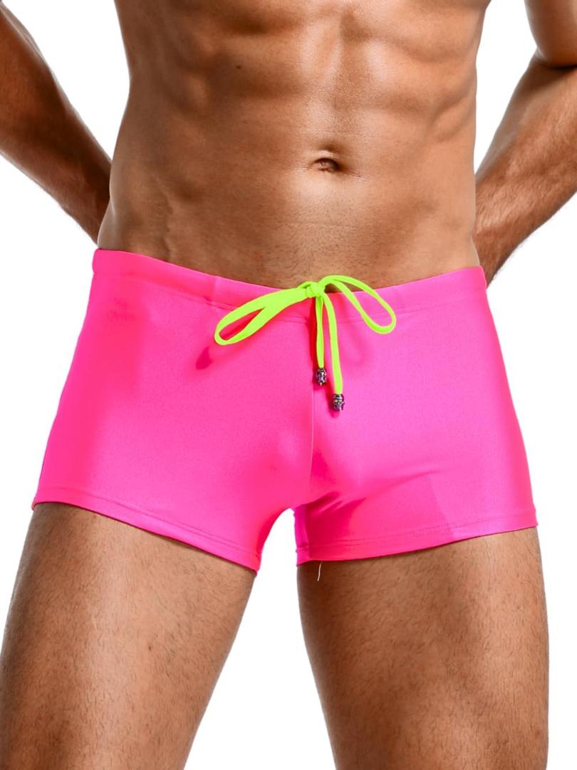 Men's Bright Color Swim Trunks, Sexy Stretch Swimwear, Drawsting Low-Rise Square-Leg (Medium, Neon Pink)