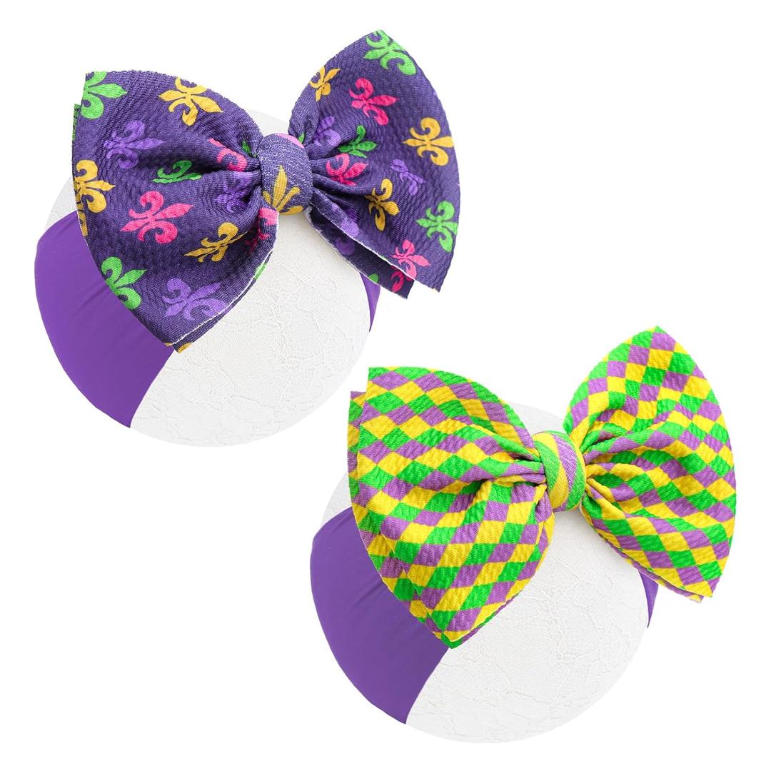YanJie 6 2PCS Mardi Gras Headband Purple Hair Bows Carnival Accessories Green Headbands Checkered Yellow Bow