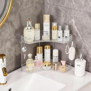 2-Tier Corner Bathroom Organizer Countertop with Hooks, Bathroom Sink Corner Vanity Storage for Makeup, Skincare and Perfume (White Silver)