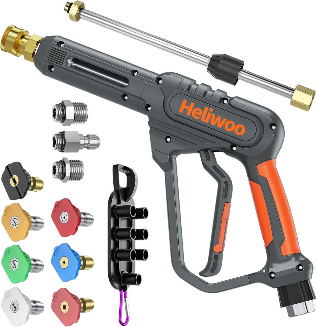 High Pressure Washer Gun with Swivel Ends, Power Washer Gun with M22 14mm & 15mm Fitting, 3/8" Swivel USA-NPT Thread, 7 Nozzle Tips, Replacement Extension Wand - 3600PSI/5.5 GPM