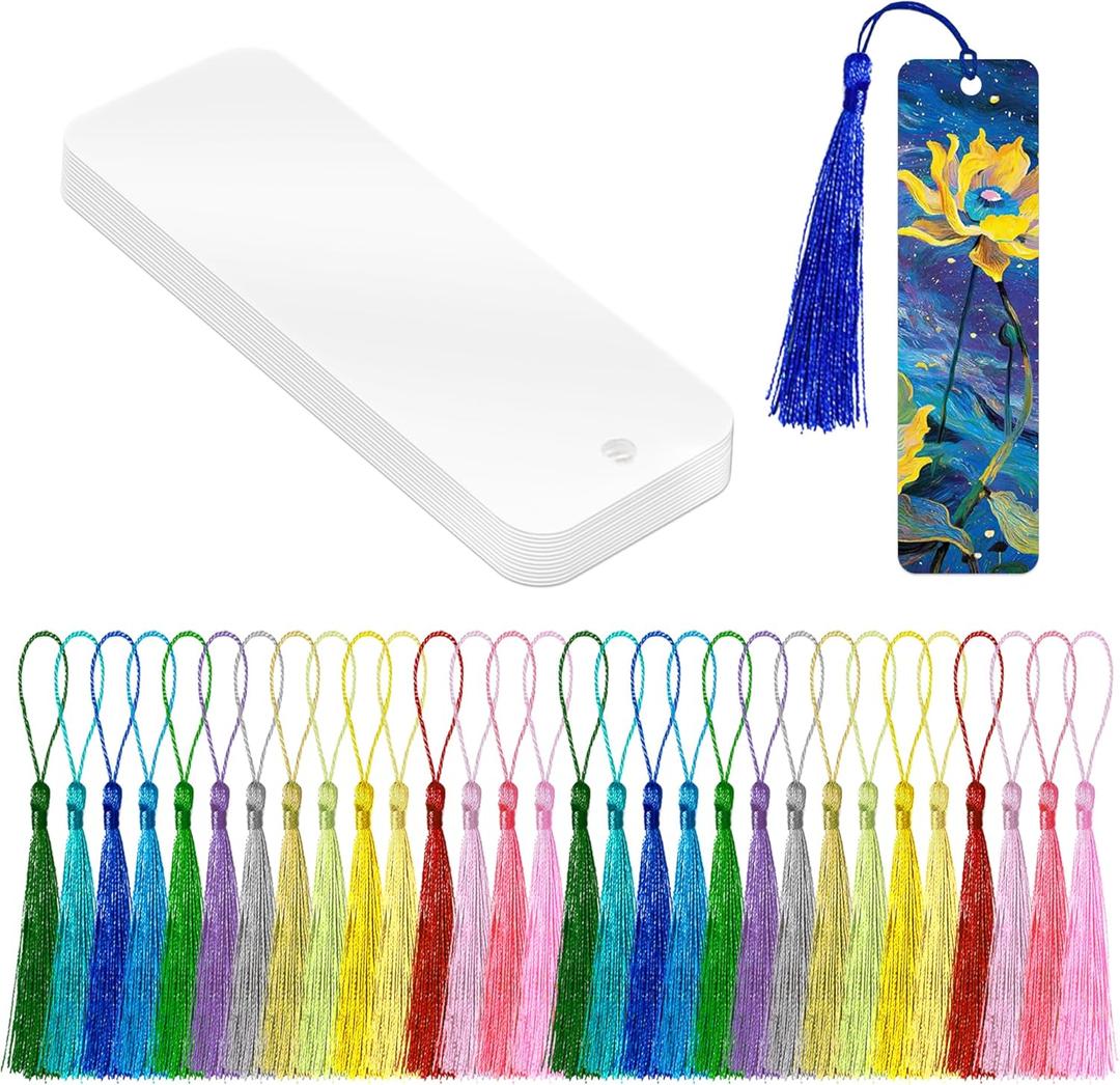 60PCS Acrylic Bookmark Blanks, DIY Blank Bookmarks for Women Men Kids Teacher, Clear Bookmarks Bulk Transparent Book Mark with Bookmark Tassels for Crafts Book Markers Book Lovers Gift (Rectangle)