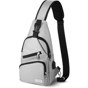 AMJ Crossbody Sling Bag Men Women, Casual Shoulder Backpack, Chest Daypack Satchel for Hiking Travel (Large, White Gray)