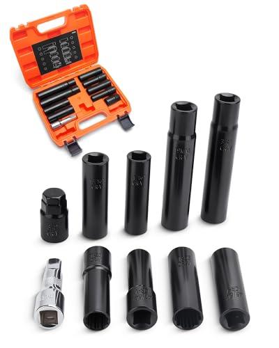 10pcs Spline Lug Nuts Socket Set,1/2" Impact Socket Key with 3" Extension for Easy Removal or Install Aftermarket Spline Lug Nuts&Spike Lug Nuts, CR-V Steel Repair Tool Set fit 5,6,7,10,12 Point Nut