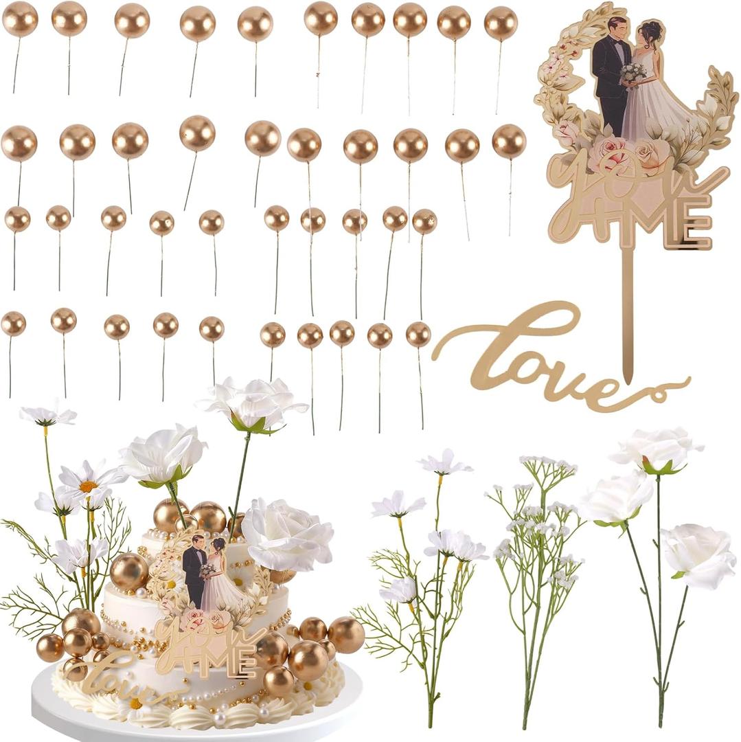 45PCS Wedding Cake Toppers Wedding Cake Decoration with Flower for Wedding Party Supplies