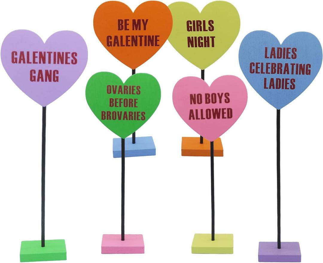 Galentines Day Decorations, 6PCS Galentines Day Decorations Wooden Heart Sign, Galentine's Day Wooden Table Signs for Tiered Tray, Table, Home, Mantel, Office, Be My Galentine, Valentines Day Decor
