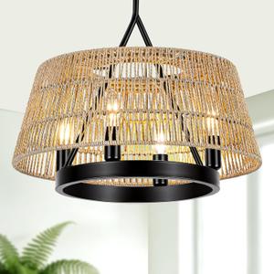 18 Inch 4-Light Boho Rattan Chandelier, Hand Woven Farmhouse Chandelier Rattan Pendant Light Fixture for Dining Room, Kitchen Island, Hallway, Foyer，Entryway (E12 Bulbs Not Included)