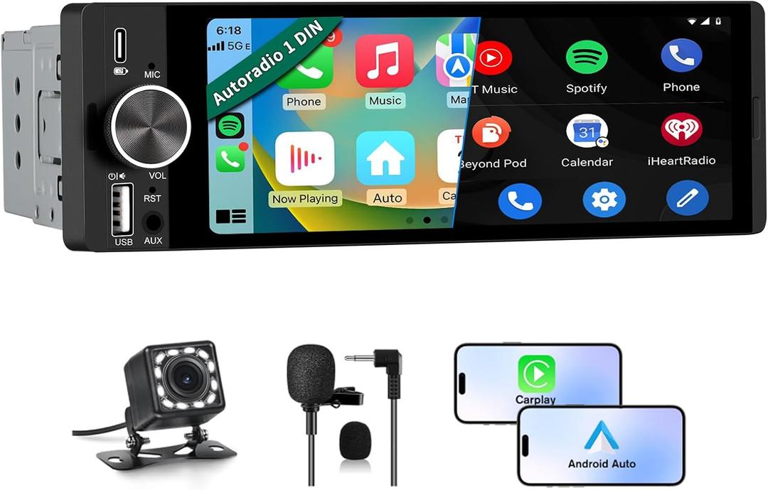 Single Din Car Stereo, 6.36 Inch CarPlay & Android Auto IPS Touchscreen Radio with Bluetooth with Backup Camera, Support USB Type-C Charging/USB/Microphone/FM/EQ