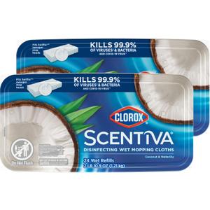 Clorox Scentiva Disinfecting Wet Mop Pad, Disposable Mop Heads, Coconut and Waterlily, 2 Packs, 24 Wet Refills Per Pack