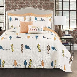 Lush Decor Rowley Birds Quilt Set, 7 Piece Set, Full/ Queen, Multi - Reversible Bird Bedding Set With Pillow Cases & Throw Pillows - Colorful, Whimsical, & Playful Floral Bird Print