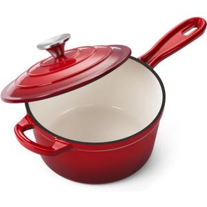 Onader 2QT Saucepan with Lid, Enameled Cast Iron Sauce Pan Pot, Small Dutch Oven Cooking Kitchen Pot, Nonstick & Heavy Duty  Red