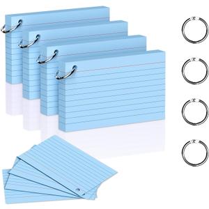 2 x 200 Count 3 x 5 Inch Blue Index Cards with Binder Rings, Lined & Blank Study Cards, Thick Cardstock Flash Cards for Students & Teachers, Color-Coded Notecards for School, Home, Work
