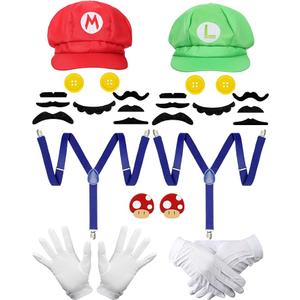 Super Bros Hats Costume Accessories Adult Halloween Cosplay with Mustaches, Suspenders, Gloves Buttons and Brooch