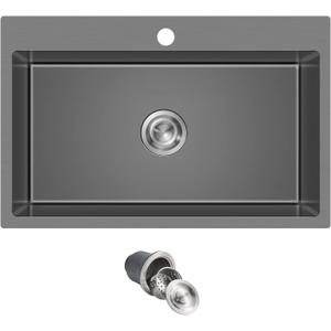 MENATT 28-inch Drop in Kitchen Sink, SUS304 Stainless Steel Single Faucet Hole Single Bowl Topmount Kitchen Sinks (Black), D28" x W18" x H9"