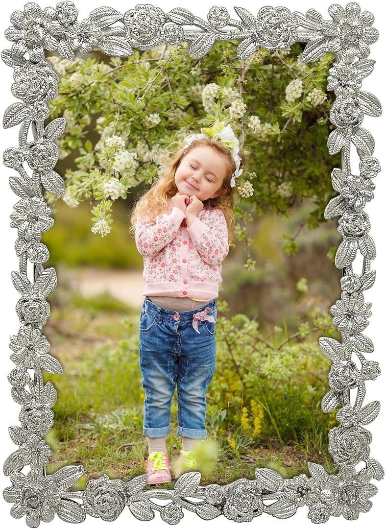 Cut-Out Floral Photo Frame / 4x6 In | For Vertical and Horizontal Display on Tabletops | Perfect for Home Decor, Wedding, Vacation, Graduation, Or Any Milestone Photos (Silver)